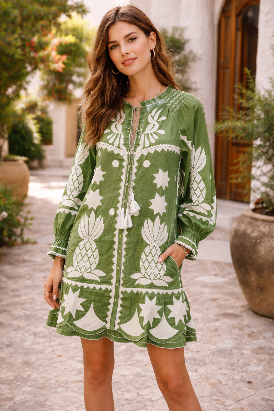 NWT Monsoon Embroidered pineapple Applique Cotton Dress Green Smocking Size -S
